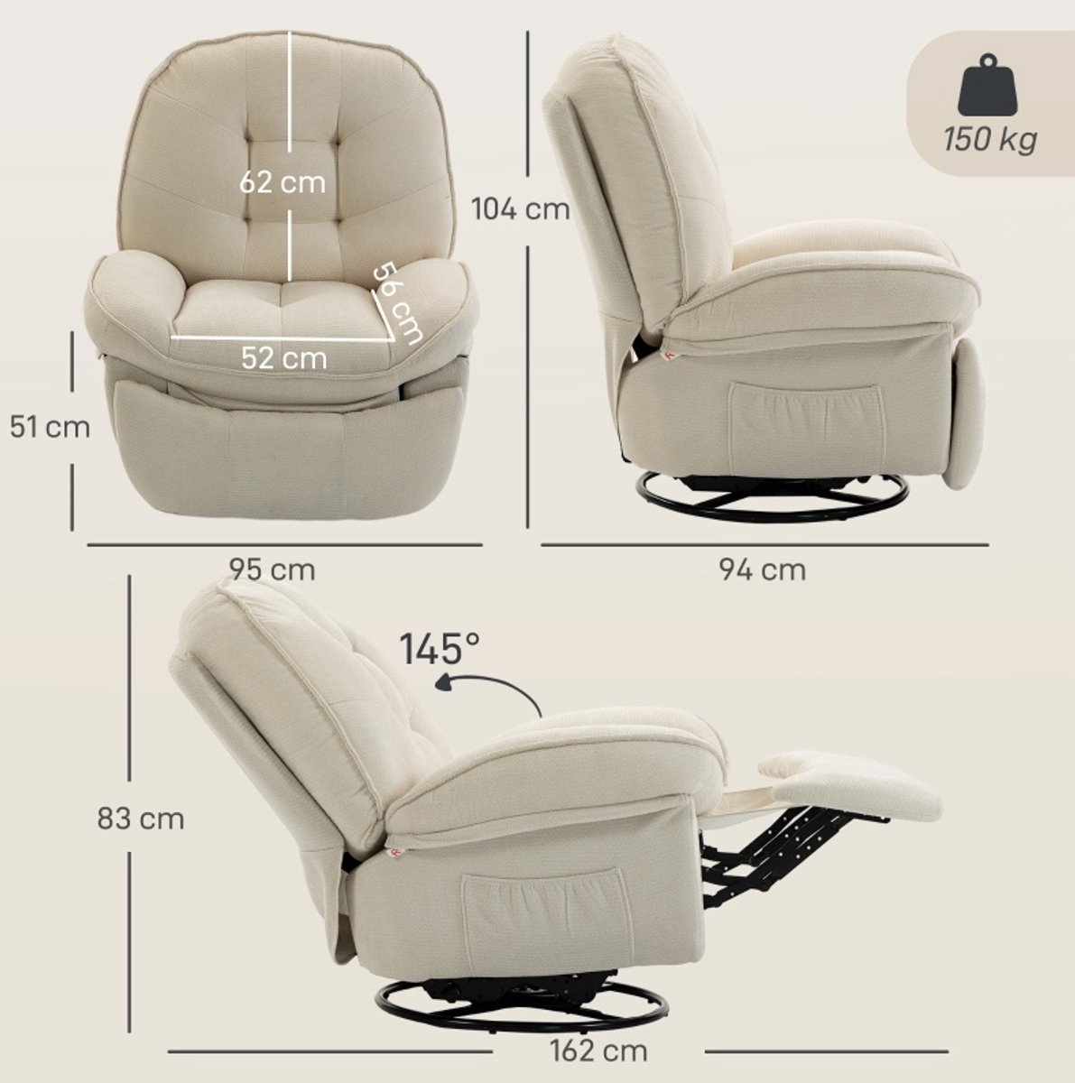 OKWISH Relaxfauteuil 95 x 94 x 104 cm - Handmatig Verstelbaar Met 360° Draaifunctie En Wipfunctie - Voor Woonkamer Of Slaapkamer - Polyester - Crèmewit
