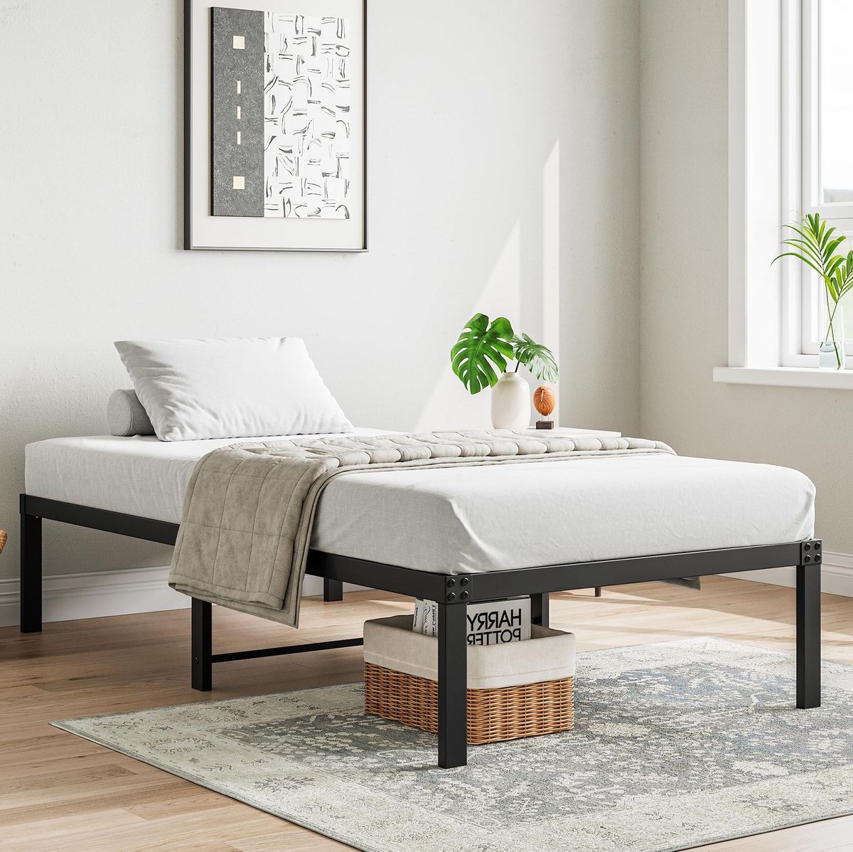 OKWISH Normaal Bed 90x200 cm - Stalen Platformbed met Lattenbodem en Opbergruimte - Voor Volwassenen - Metaal - Zwart - Zonder matras
