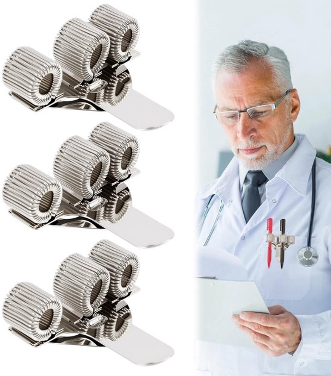 Pennenhouder Drievoudig - Roestvrij Staal - Metalen Zakclip - 3 Stuks - Lichtgewicht - Voor Professionele Gebruik - Penclip