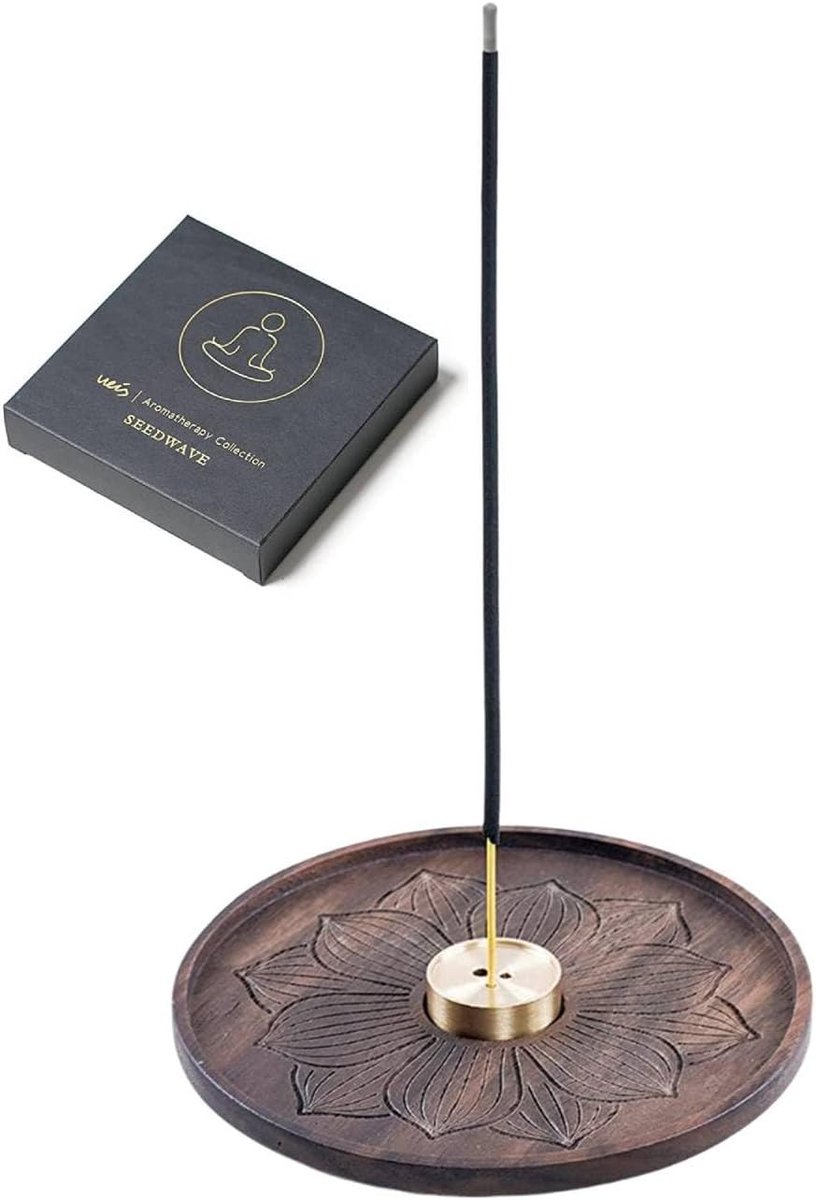 Handgemaakte wierookstokjeshouder van zwart notenhout, perfect voor meditatie, yoga en huisdecoratie met asopvangschaal