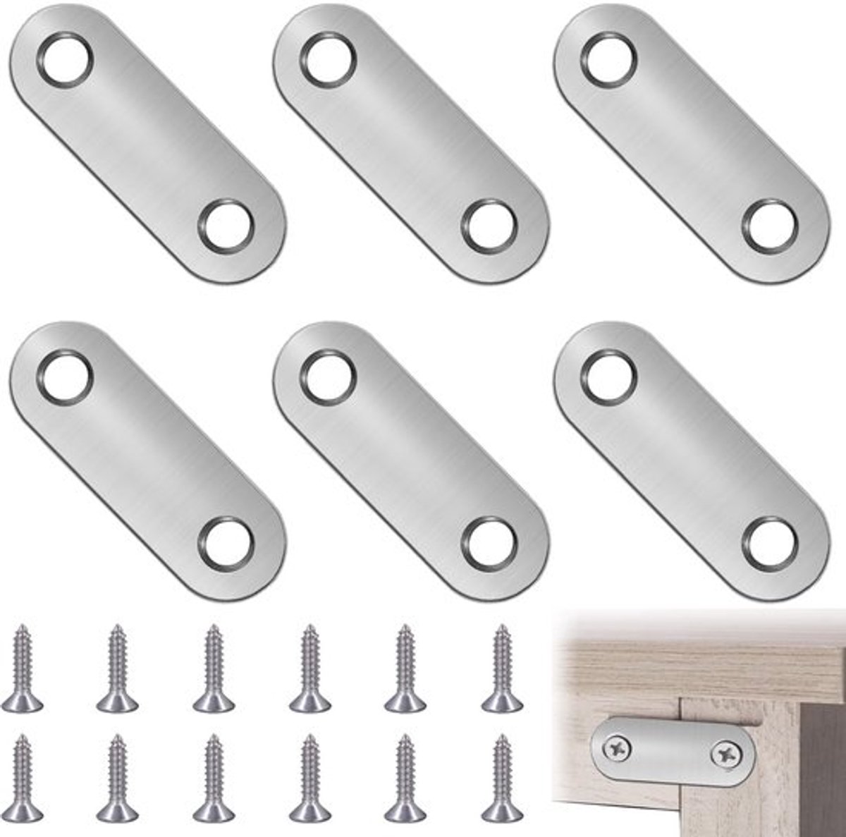 Hoekhouder Platte Verbindingsplaten - 6 Stuks - 36 × 16 mm - Voor Bevestiging Meubels - Duurzaam Roestvrij Staal - Inclusief 12 Schroeven - Verbindingsplaat