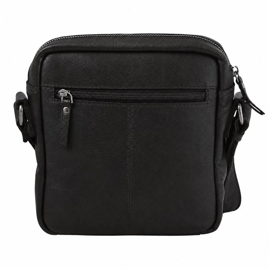 Zwarte leren Landley crossbody tas, achterkant met zilverkleurige rits.