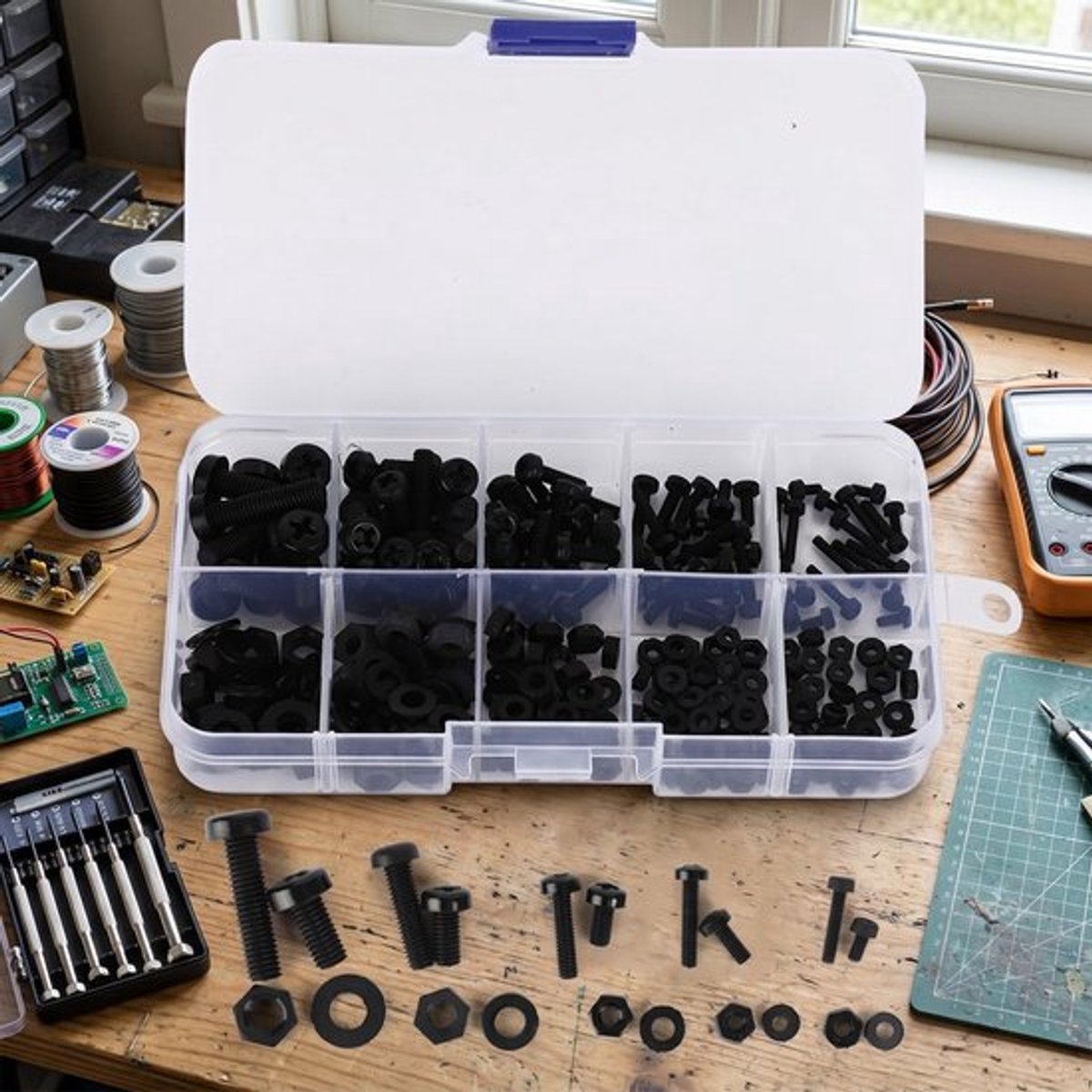 Schroefmoer Assortiment 270-Delig - Nylon Bevestigingsmaterialen - M2/M2.5/M3/M4/M5 - Zwart - Inclusief Schroeven/Sluitringen - Geschikt voor Wasmachine - Bevestigingsmateriaal