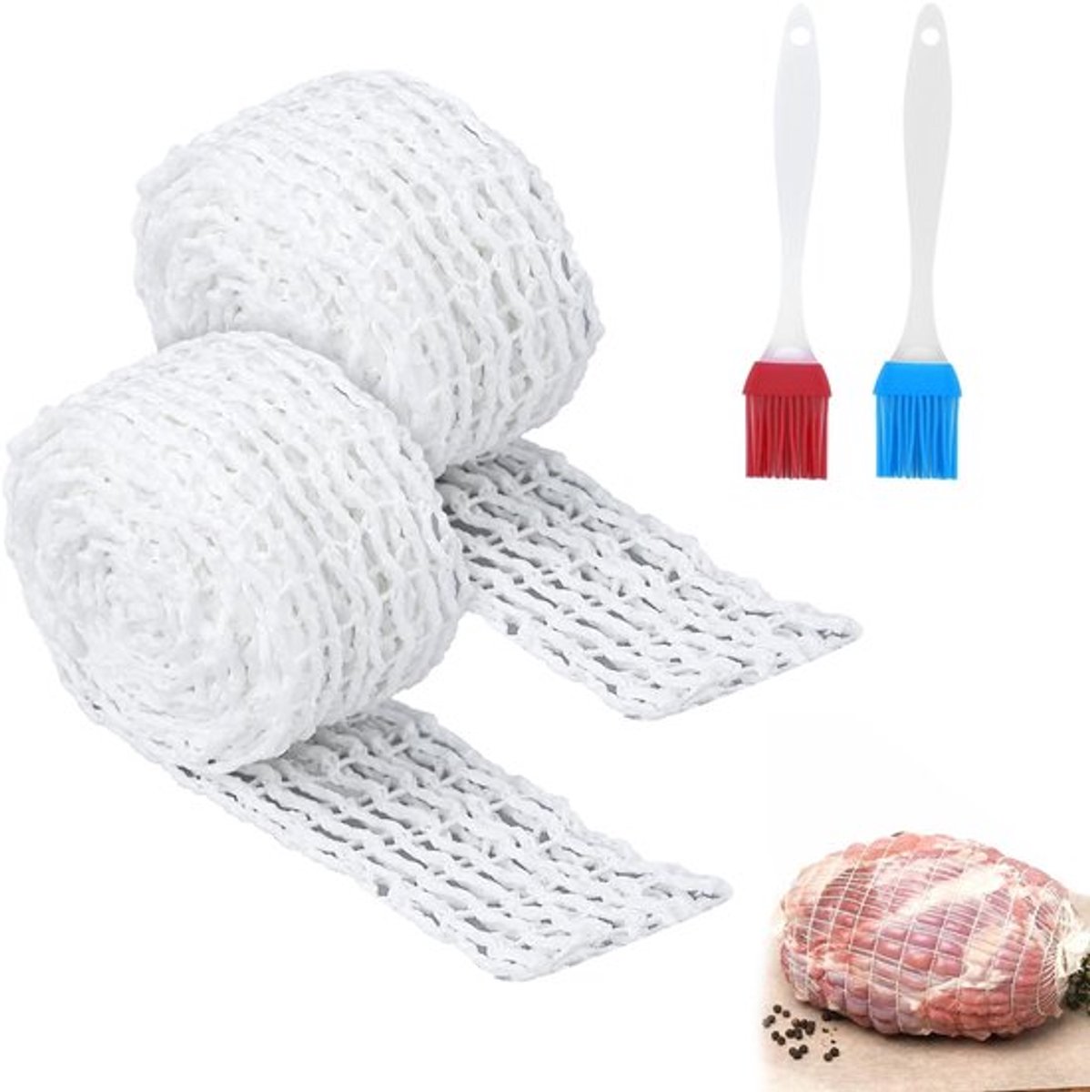 Braadnet - Vleesnetrol 2 Stuks - Katoendraad - 27,4 x 16,8 x 2 cm - Siliconen Borstels - Flexibel en Warmtebestendig - Vleesnet