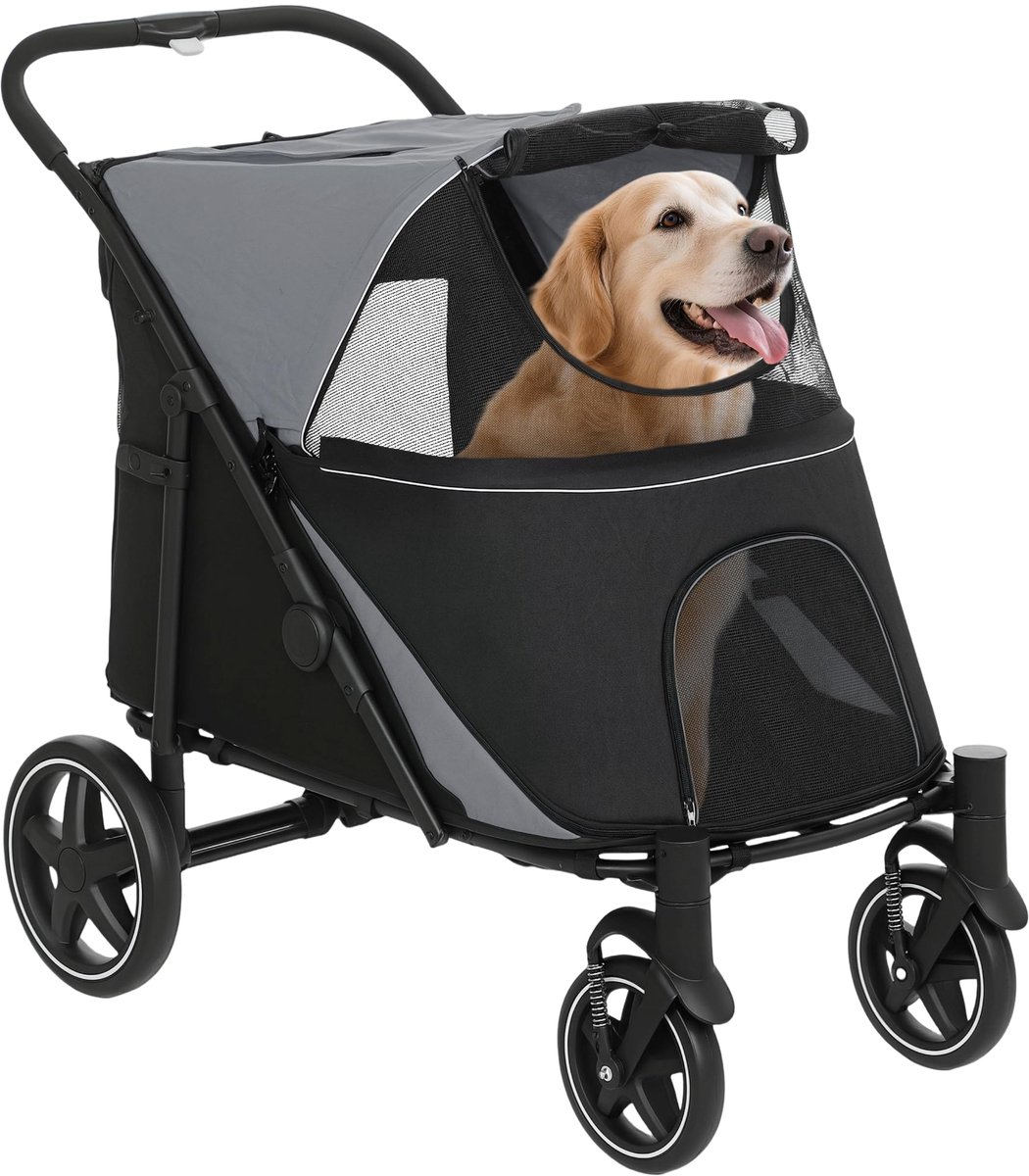 Hondenbuggy – Opvouwbare Wandelwagen met Kussen voor Hond & Kat – Donkergrijs