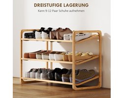 Bamboe Schoenenrek – 3 Laags Design Met Schuine Planken – 76 x 33 x 50,8 cm – Natuurlijk Bamboe – Houtkleur – Voor Hal, Entree of Slaapkamer