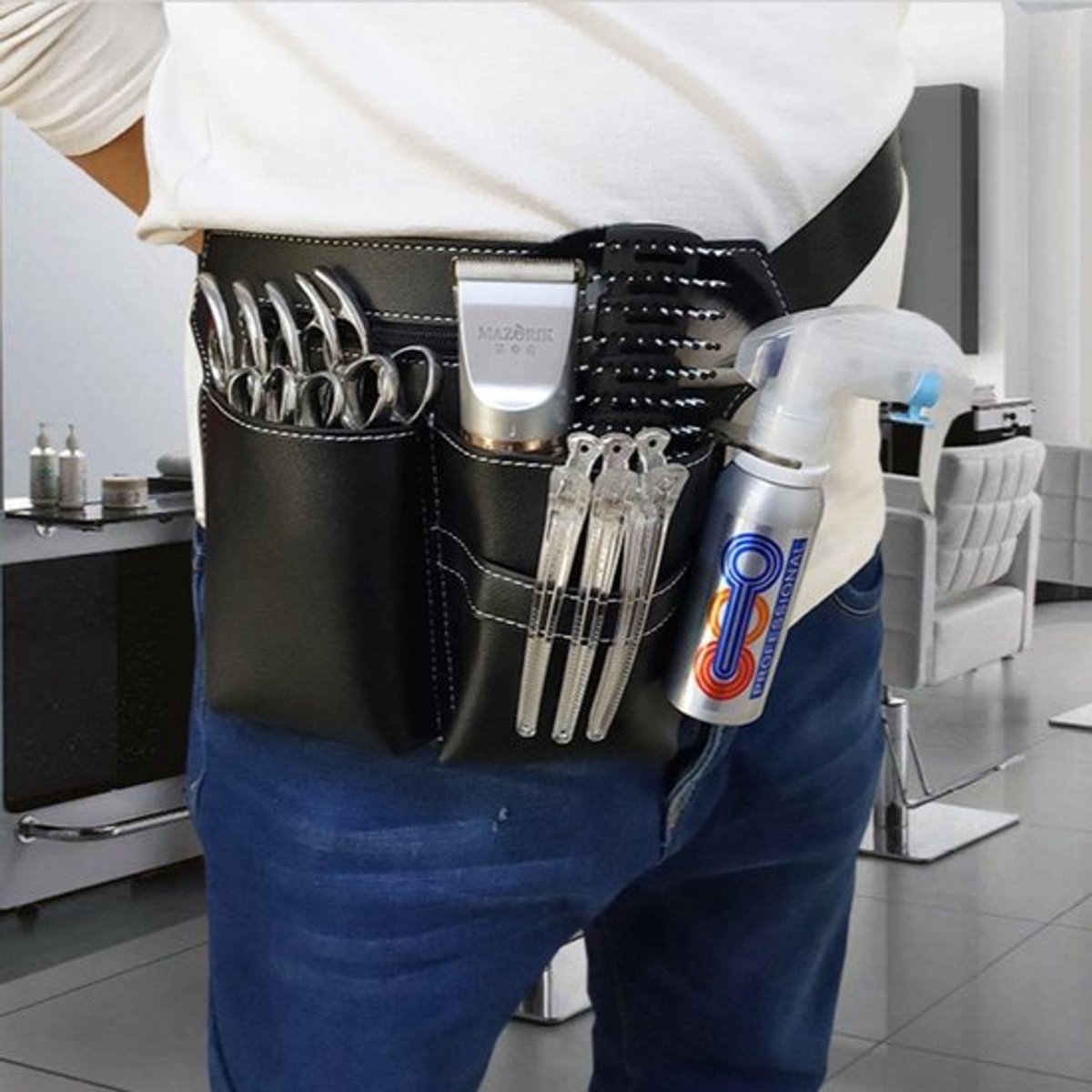 Kapperstas voor professionals, kapper-gereedschapstas met riem, PU-lederen kappers-riemtas, schaarholster, kappers-buiktas, schaartas, kapper, taille-/schouderriemschaarhouder., donkergrijs, 24 x 21.5