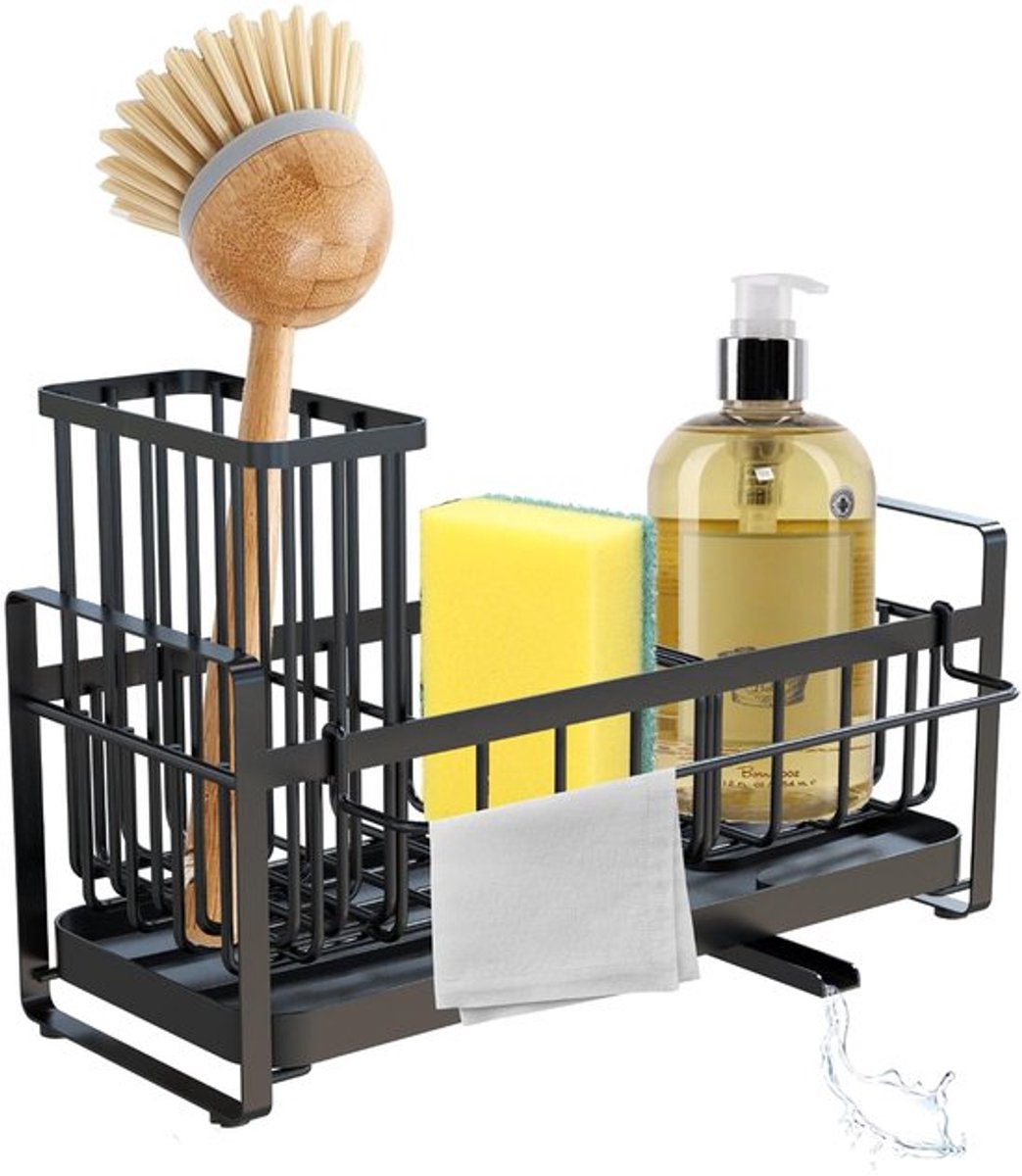 Sponshouder met Afneembare Afvoer - Keuken Caddy - Roestvrij Staal - Praktische Organizer - 25 x 9,5 x 11 cm - Antislip Design - Sponshouderke