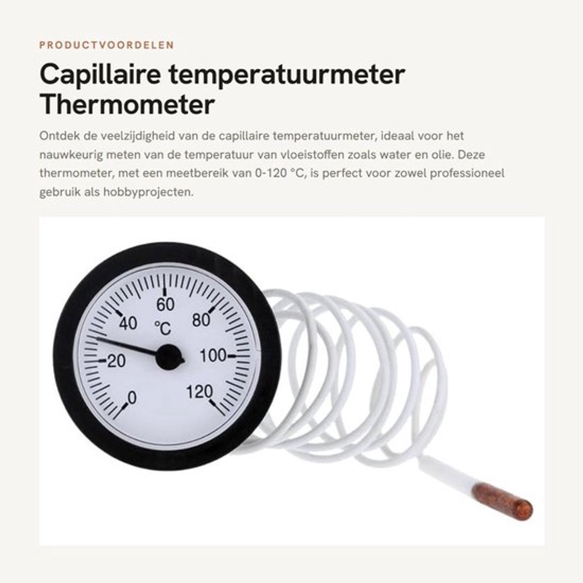 Temperatuurmeter 0-120 °C - Capillaire Temperatuurmeter - Wijzerplaatthermometer - Sensor van Messing - Duurzaam - Afleesbaar op Afstand - Thermometer