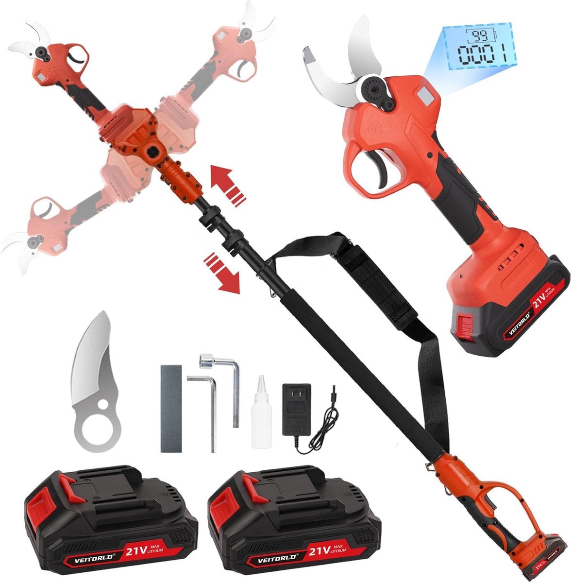 SnelShoppen - Telescopische snoeischaar met accu 40 mm, afneembare steel 130-245 cm, borstelloze motor, 2000 mAh, ideaal voor tuinieren en snoeien