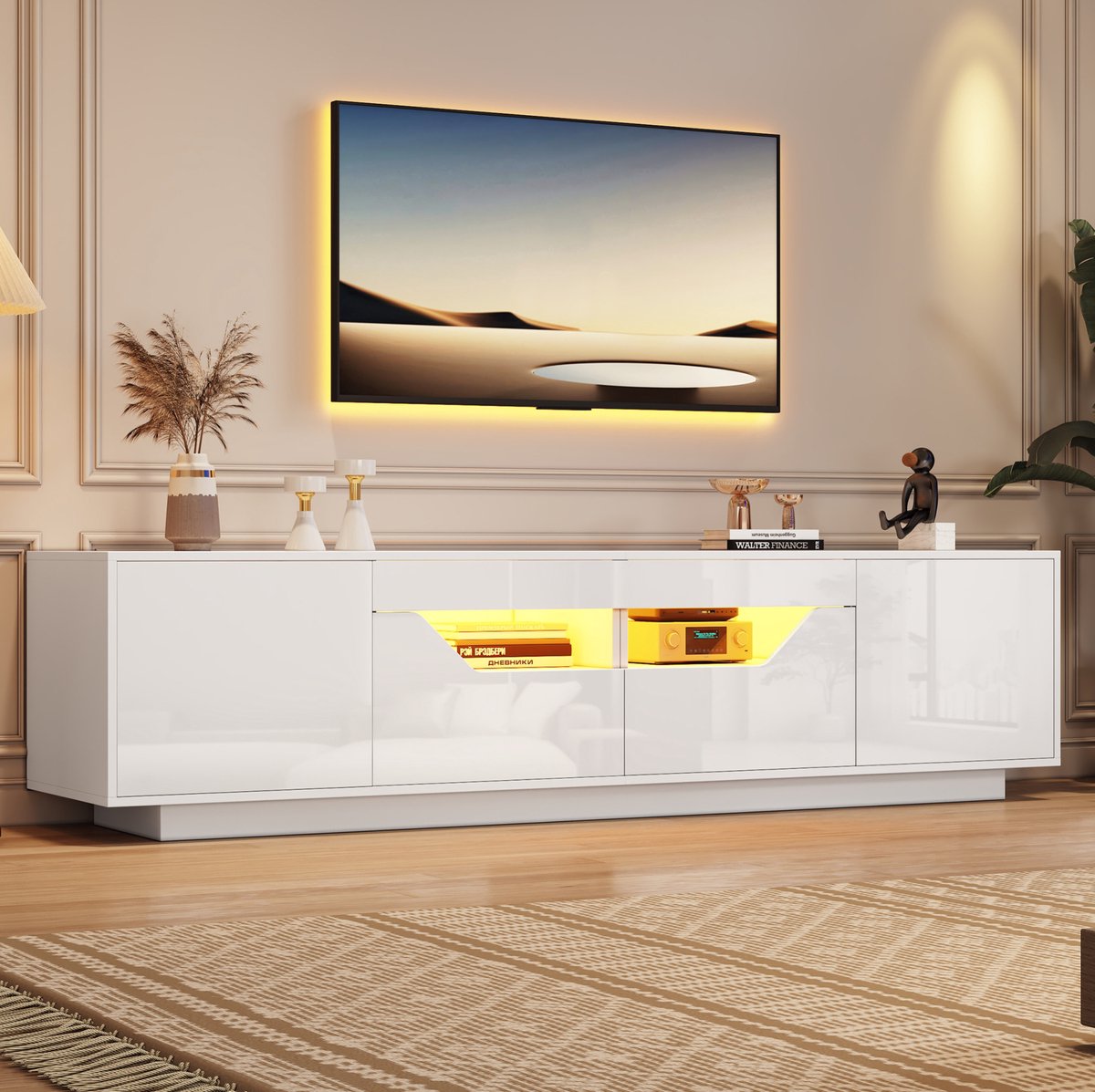COVREO Tv meubel 180 x 40 x 45 cm wit hoogglans met 2 lades, 2 kasten en LED verlichting