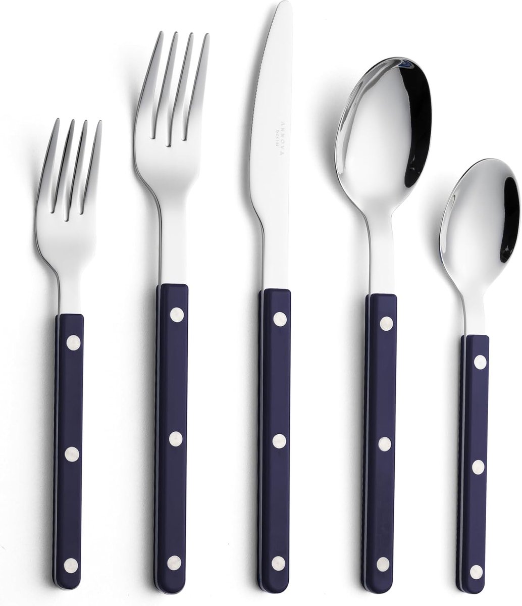 SnelShoppen - Kleurrijk Retro Bestekset - Ribbels RVS Bestek met Plastic Handgrepen - 10-delig - Messen, Vorken, Lepels - Navy Blauw - Perfect voor Fe