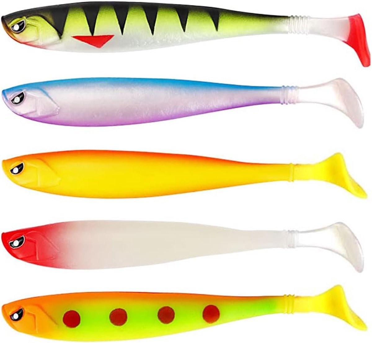 SnelShoppen - 5 Kleuren T-Tail Vissersaas, Zachte Bait, Gebogen Staart, Ribbelontwerp, Paddle Tail, Haakgleuf, Bas Fishing Lures, Perfect voor Zoetwat