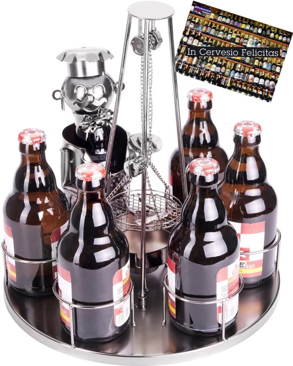 - Flessenhouder - Grillmeester - Uniek metalen sculptuur - 30 cm - Voor 6 flessen - Perfect cadeau voor barbecue liefhebbers - Met zwenkgrill
