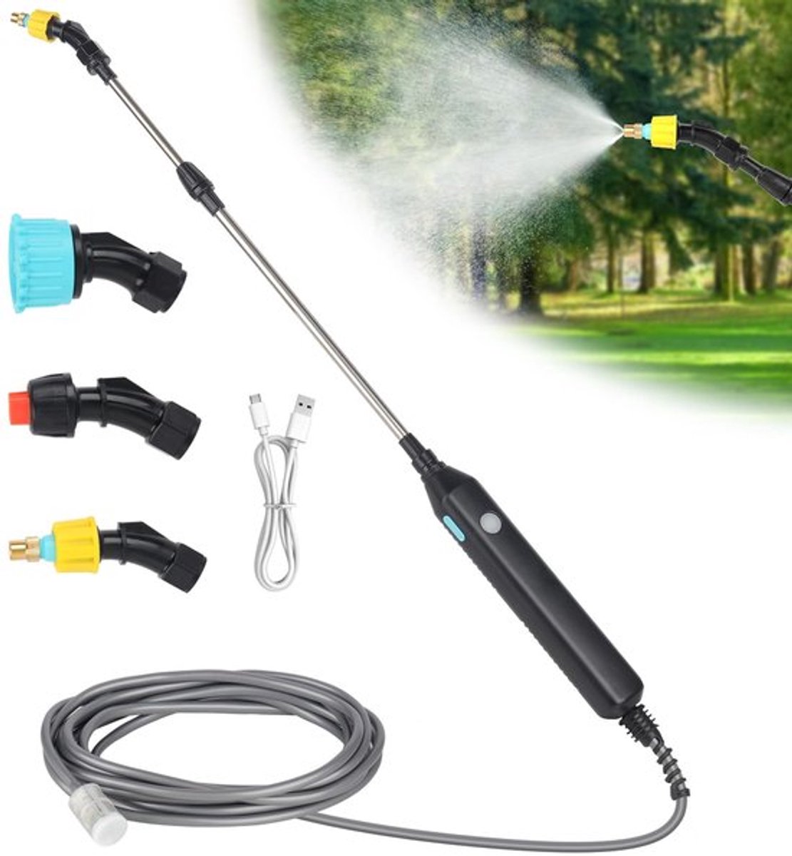 Elektrische plantensproeier, accu-drukspuit met 3 verstelbare sproeiers en 5 m slang, oplaadbare en draagbare sproeistaaf, elektrische drukspuit, voor tuin, binnenplaats, gazon, onkruid (3,7 V)