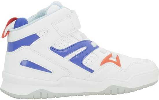 Zijkant van witte Geox sneaker met blauwe strepen, oranje accenten en klittenband.