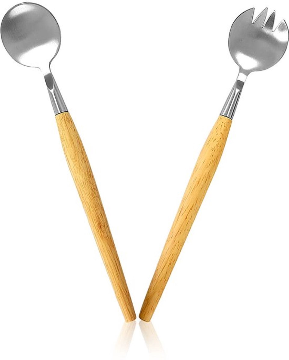 Saladevork 2 Delige Set - Roestvrij Stalen Saladevork - Houten Handvat - Voor Salade/Fruit/Soep - 28,5 cm - Duurzaam en Milieuvriendelijk - Saladeschep