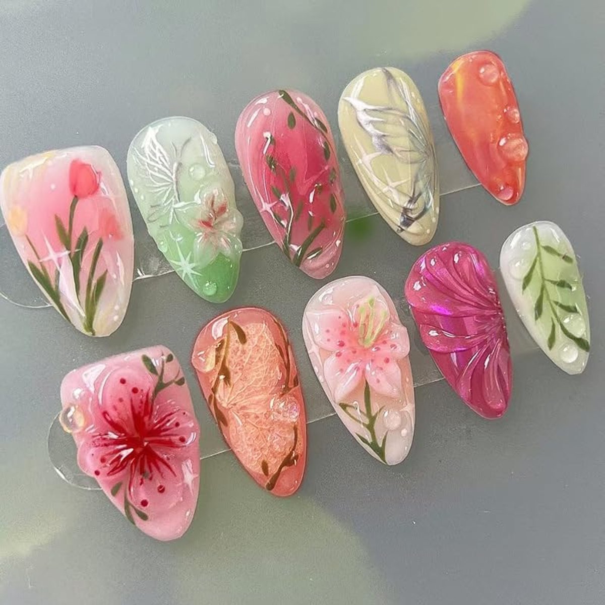 SnelShoppen - 30pcs Press on Nails Short Almond Gradient French 3D Bubble Flowers met Nail Glue, Kleurige Bloemen voor Zomer Feestelijke Look, Y2K Fak
