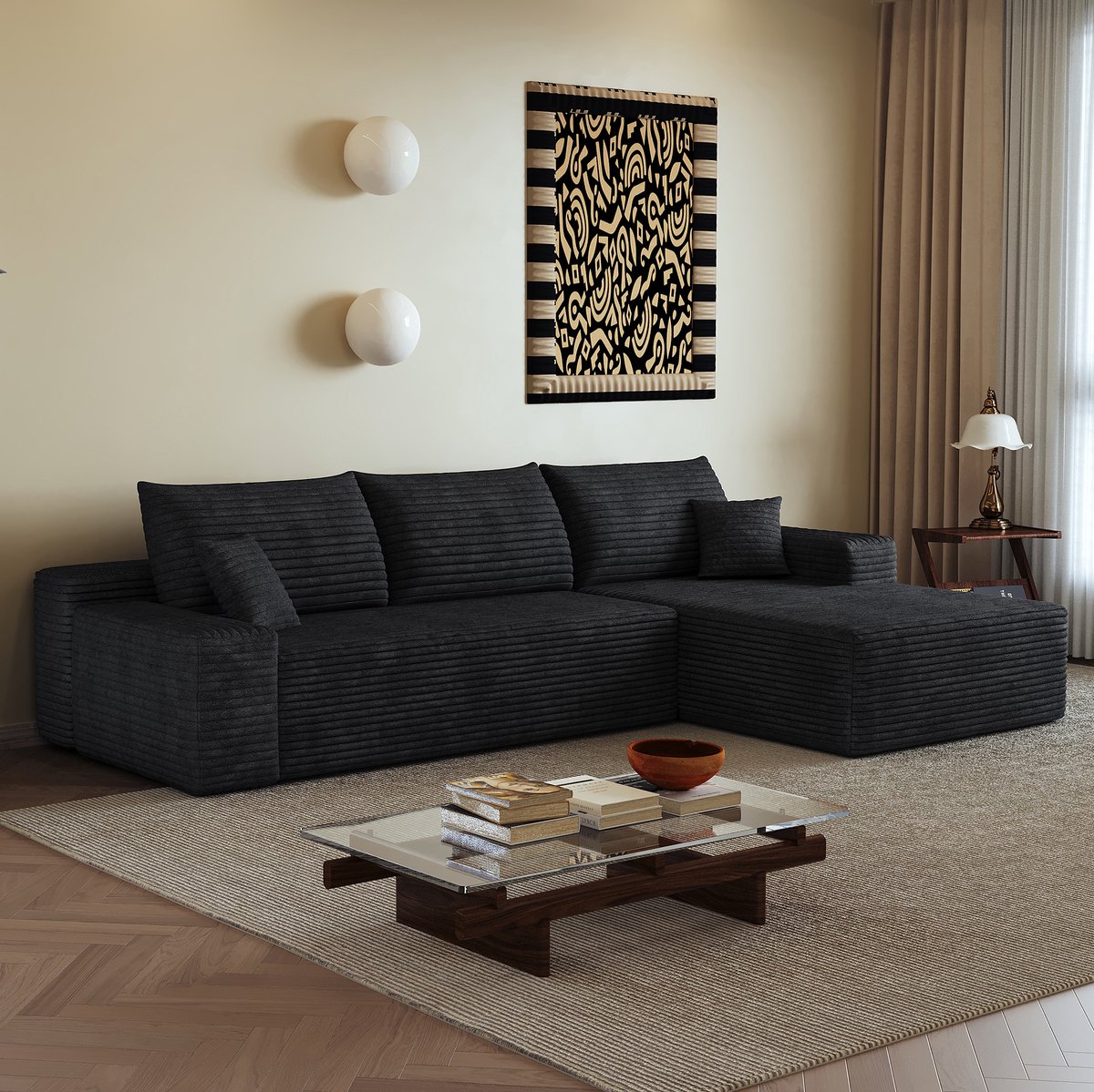 OKWISH Hoekbank 270 cm - Modulaire L-Vorm Met Diepe Zit En Chaise Longue - Direct Klaar Voor Gebruik - Corduroystof - Zwart