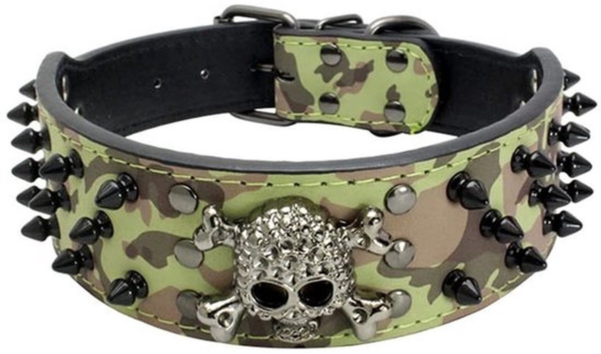 Hondenhalsband modieus doodskopontwerp - Verstelbare halsband - Kunstleer - Klinknagels - D-ring voor hondenriem - Zacht en comfortabel