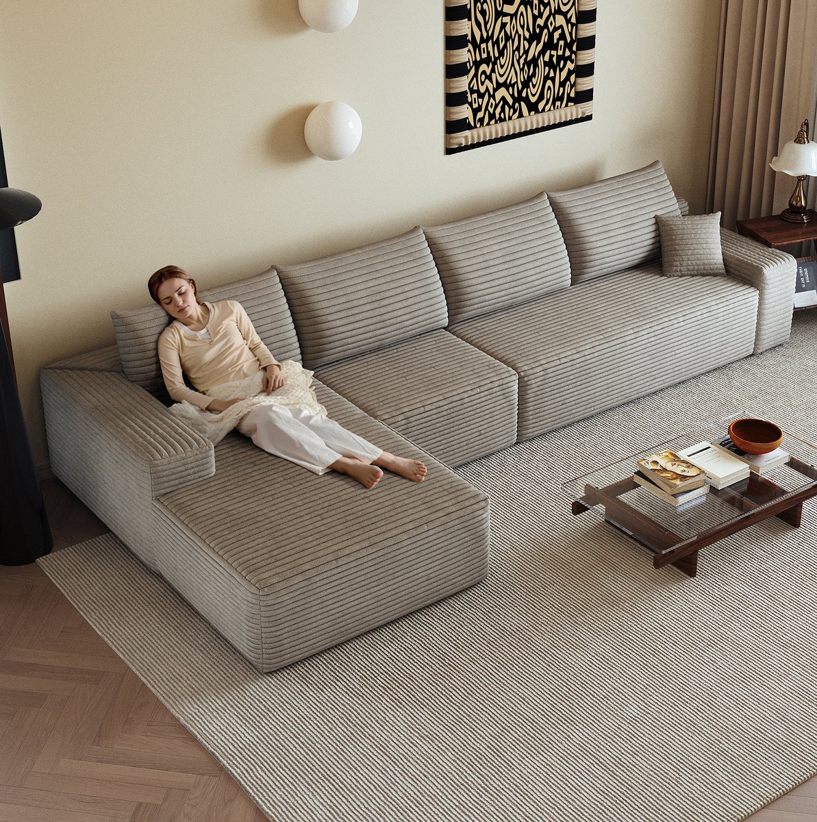 OKWISH Hoekbank 340 cm - Modulaire L-Vorm Met Linkse Chaise Longue En Diepe Zitting - Zonder Montage - Corduroy Stof - Camel