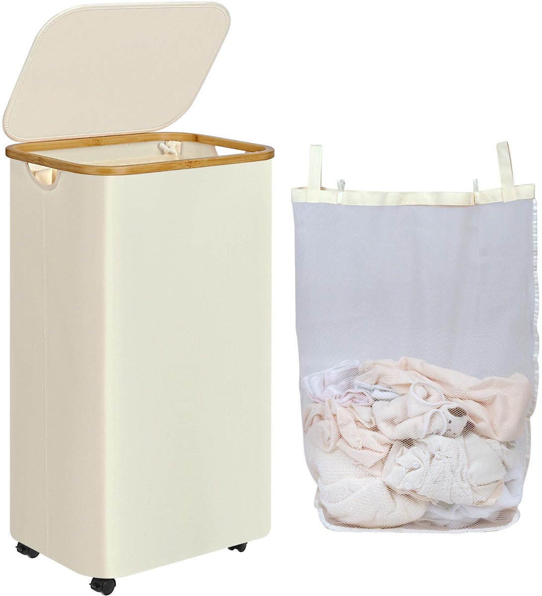 SnelShoppen - iEGrow Wasmand met Deksel, Grote Wasgoedverzamelaar 110 Liter, Beige, Met Wielen en Bamboe Handvat, Voor Statiegeldflessen en Huishoudel