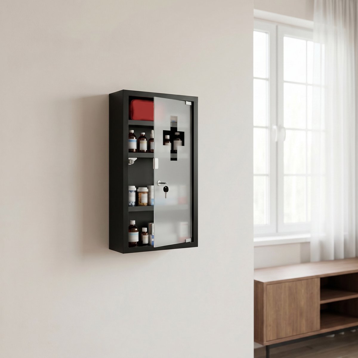 Medicijnkast 30x12x57,5cm RVS - Afsluitbaar met 4 Legplanken - Apothekerskast EHBO Kast voor Keuken/Badkamer of Thuis - Zwart - NAIZY