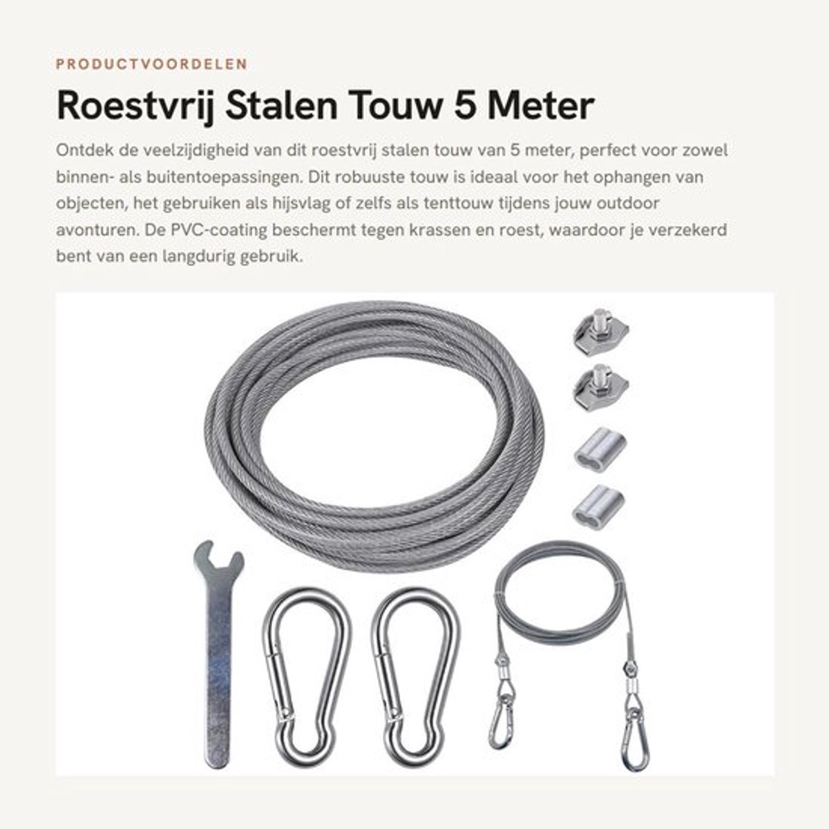 Roestvrijstalen Kabel 5 Meter - Kabelset - Karabijnhaak M6 - Draadkabelklem M3 - PVC-coating - Flexibel en duurzaam - Staalkabel
