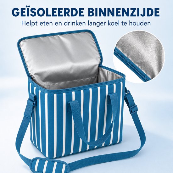 Compacte Koeltas - 30 x 15 x 25 cm - 11 Liter - Met 2 Handvatten En Een Verstelbare Schouderriem - Blauw & Wit van Merkloos — afbeelding 3