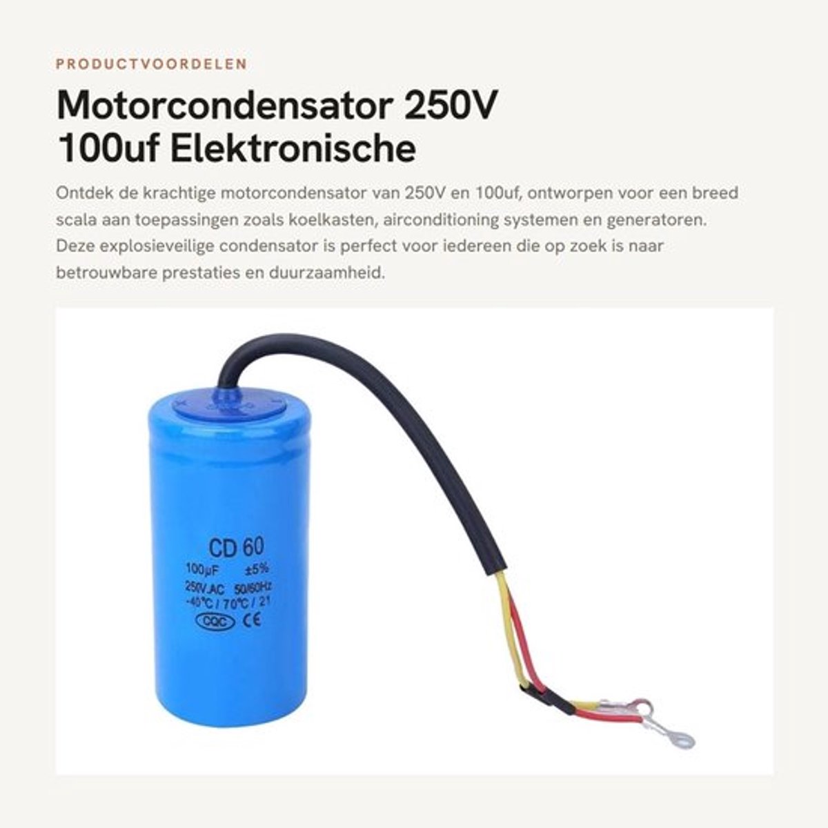Motorcondensator 250V 100uf - Elektronische component - Explosieveilig - Geschikt voor koelkasten en airconditioning - Hoogwaardige kwali...