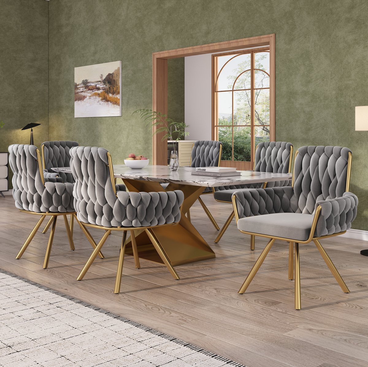 MEUNIQ fluwelen eetkamerstoel set van 6, 360° draaibare kuipstoelen met armleuningen en hoge rugleuning, metalen vierpotig onderstel, grijs