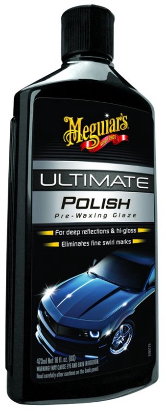 Meguiar's Ultimate Polish. Fles met zwarte dop en label met tekst 'ULTIMATE POLISH Pre-Waxing Glaze' en een afbeelding van een blauwe sportauto.