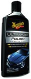 Meguiar's Ultimate Polish. Fles met zwarte dop en label met tekst 'ULTIMATE POLISH Pre-Waxing Glaze' en een afbeelding van een blauwe sportauto.
