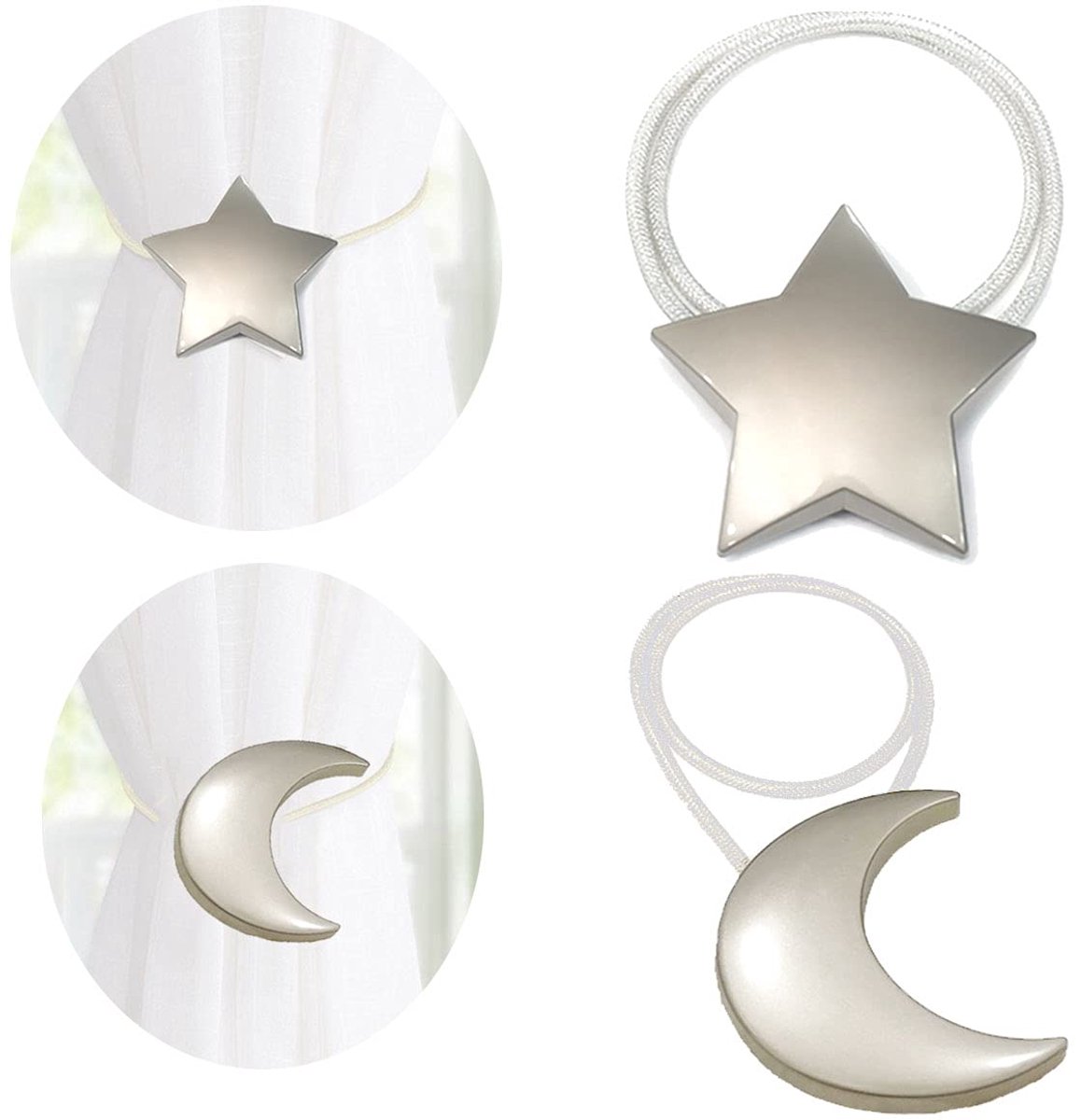 SnelShoppen - Magnetisch Gordijn Tiebacks - 1 Paar Gordijnclips in Maan en Ster Vorm - Decoratieve Touw Holdbacks in Zilver voor Thuis en Kantoor