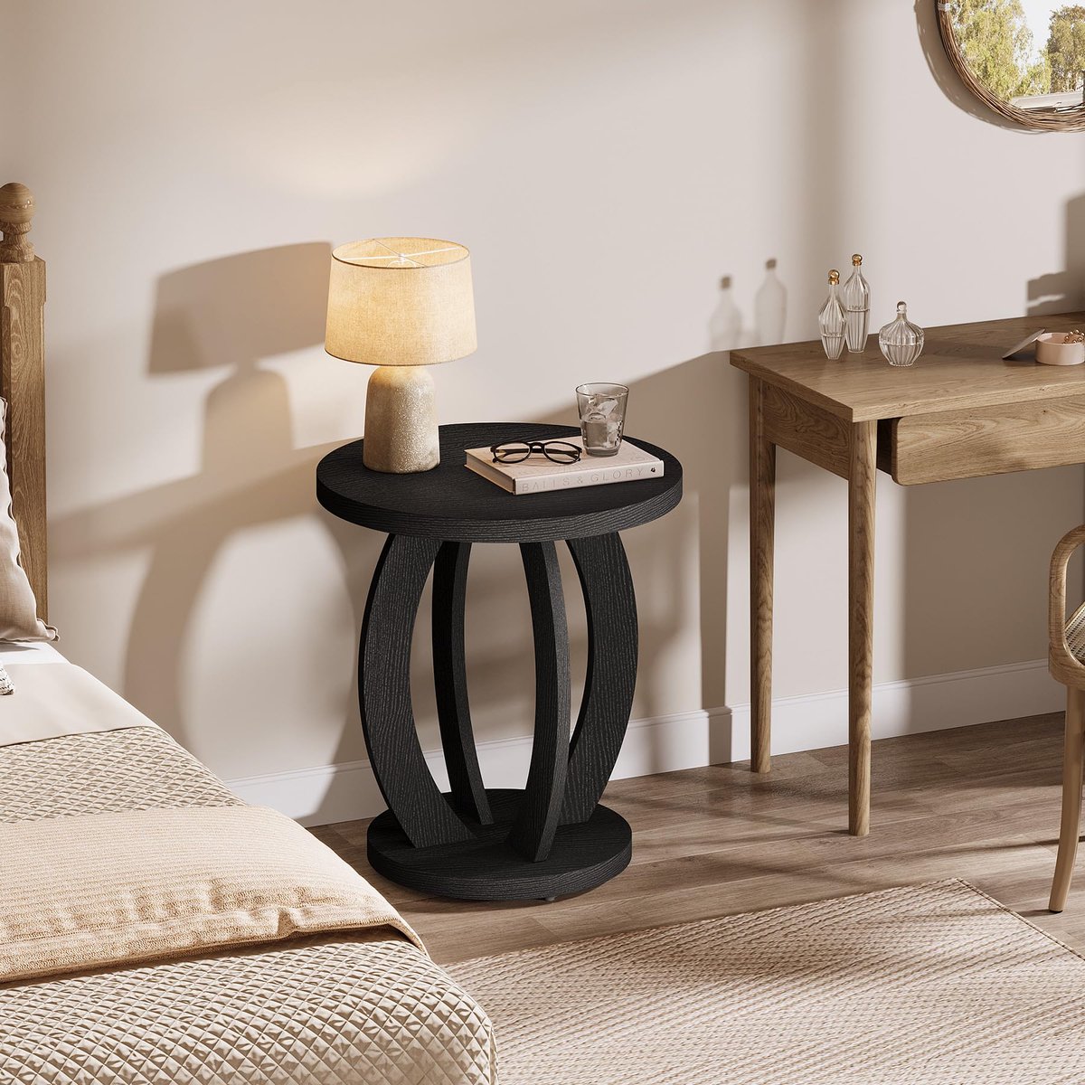 LITTLE TREE Rond Nachtkastje Zijkanttafel - Met opbergruimte - Boerderijstijl met houten onderstel - Eenvoudig te monteren - voor slaapkamer - Zwart