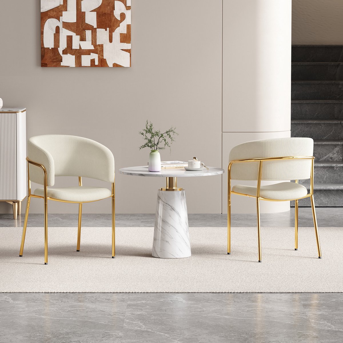 Eetkamerstoel - Set Van 2 - verstelbare voetjes en corduroy bekleding, ideaal voor woonkamer, open kantoorruimte en eetkamer - Beige
