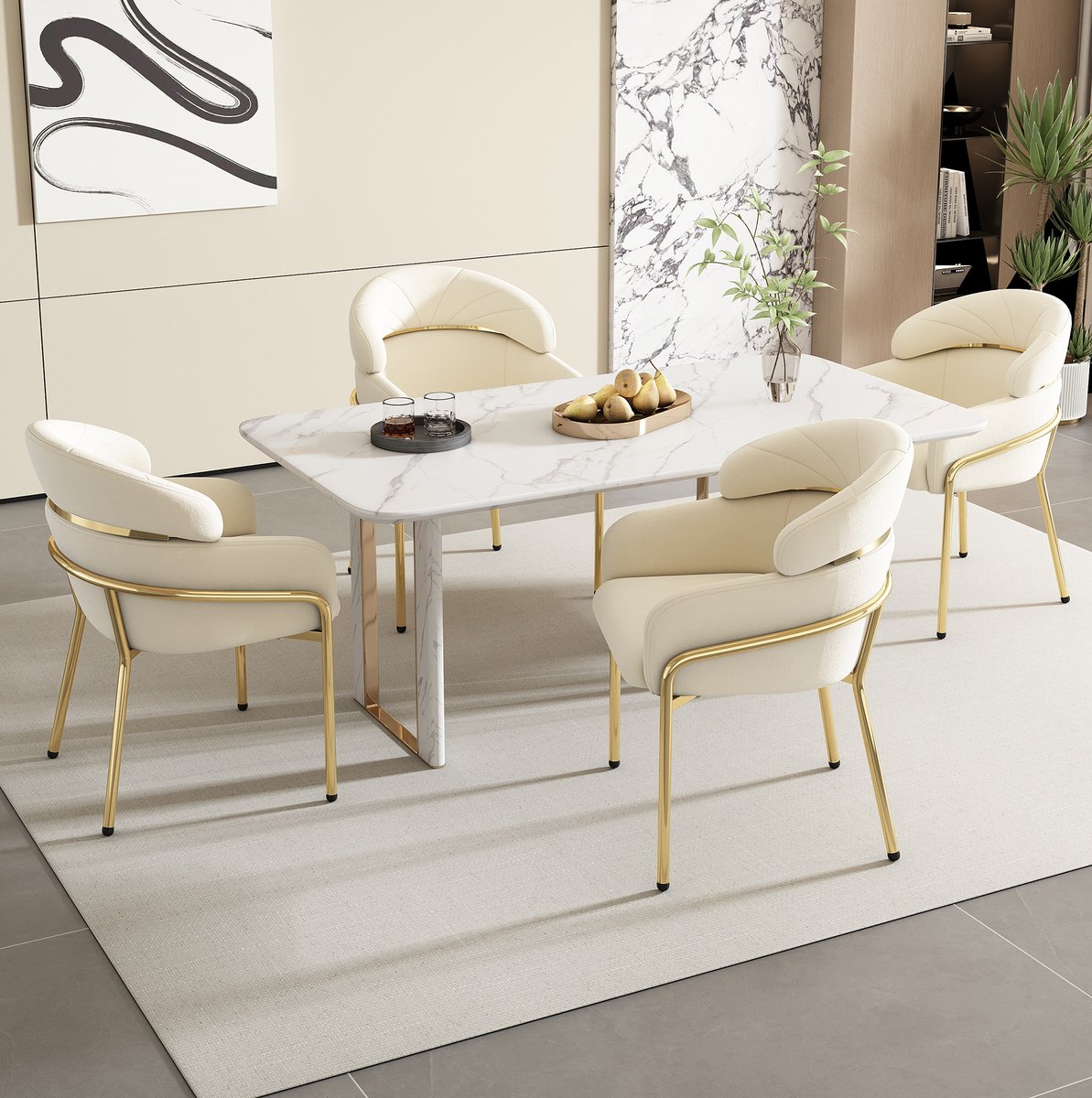 MEUNIQ Eetkamerstoel set van 4 in beige velvet met armleuningen en metalen poten, kuipstoel voor eetkamer, woonkamer of slaapkamer