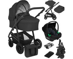 Lionelo Bianka Kinderwagen 3 in 1 - Reiswieg + Wandelwagen + Autostoel - Grote Luchtbanden, Volledige Vering - Inklapbaar - Verstelbare duwstang - Buggy Omkeerbare Zitting - 0-22kg - Accessoireset - Zwart