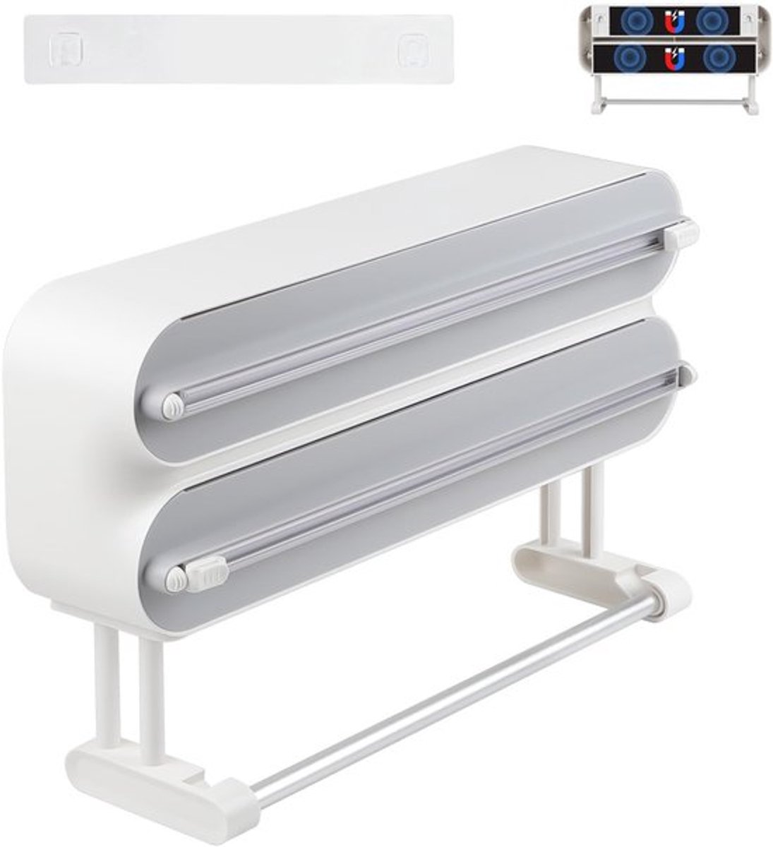 - Keukenrolhouder - Magnetische Foliekapper - Ruimtebesparend - Wit - Aluminium Folie Dispenser - Geschikt voor Keuken - 3-in-1 Model
