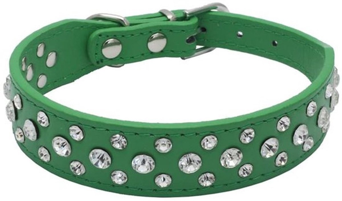 Hondenhalsband - PU Leer - Verstelbaar - Groen - Kristal Diamant - Geschikt voor Honden en Katten - L