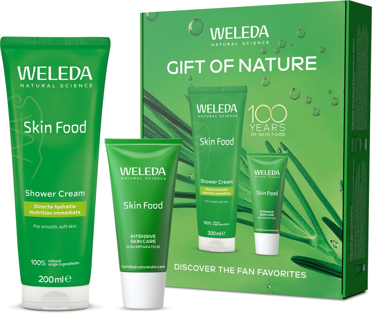 WELEDA Skin Food 100 Jaar Jubileum Giftset - Limited Edition Cadeauverpakking - Douchecrème & Skin Food Original - Voedt Alle Plekjes Die Ruw En Droog Zijn - Driekleurig Viooltje, Kamille & Calendula - 100% Natuurlijke Ingrediënten