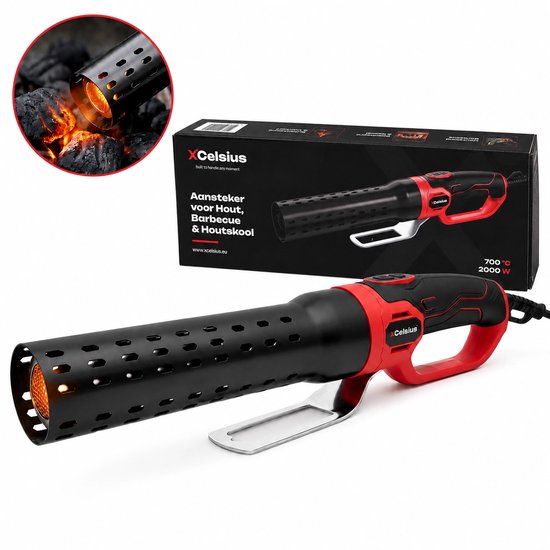Productfoto van een rode en zwarte elektrische BBQ aansteker naast de verpakking, met een close-up van de punt in gloeiende kolen.