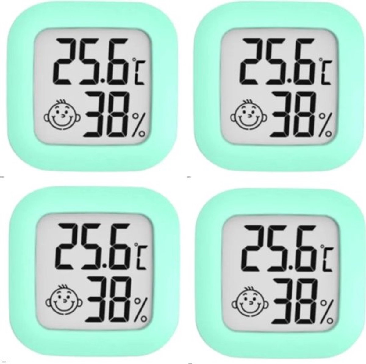 4 groene digitale thermometers en hygrometers, LCD-display thermometers en hygrometers