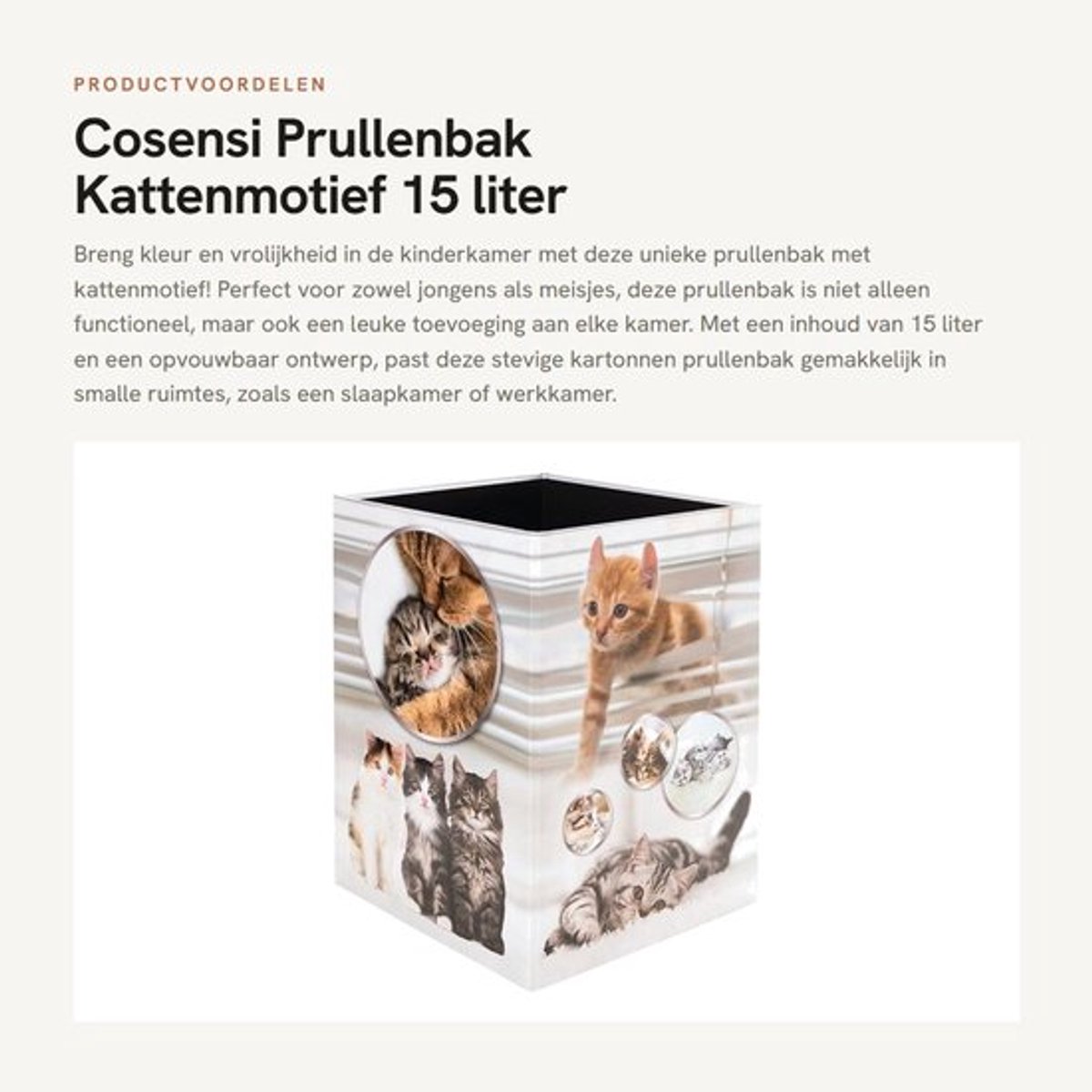 Prullenbak 15 liter - Opvouwbaar - Stevig Karton - Rechthoekige Afvalemmer - Kinderen - Kattenmotief