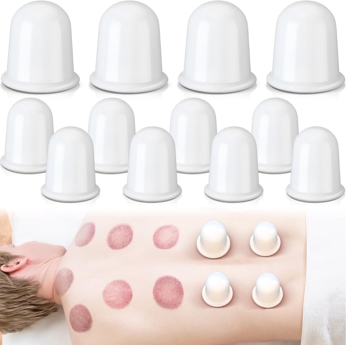 12-delige siliconen cupping-set (3 maten) voor massage en anti-cellulitis – vacuüm-cupping voor verlichting bij artritis en pijnvermindering – geschikt voor thuisgebruik (Wit)