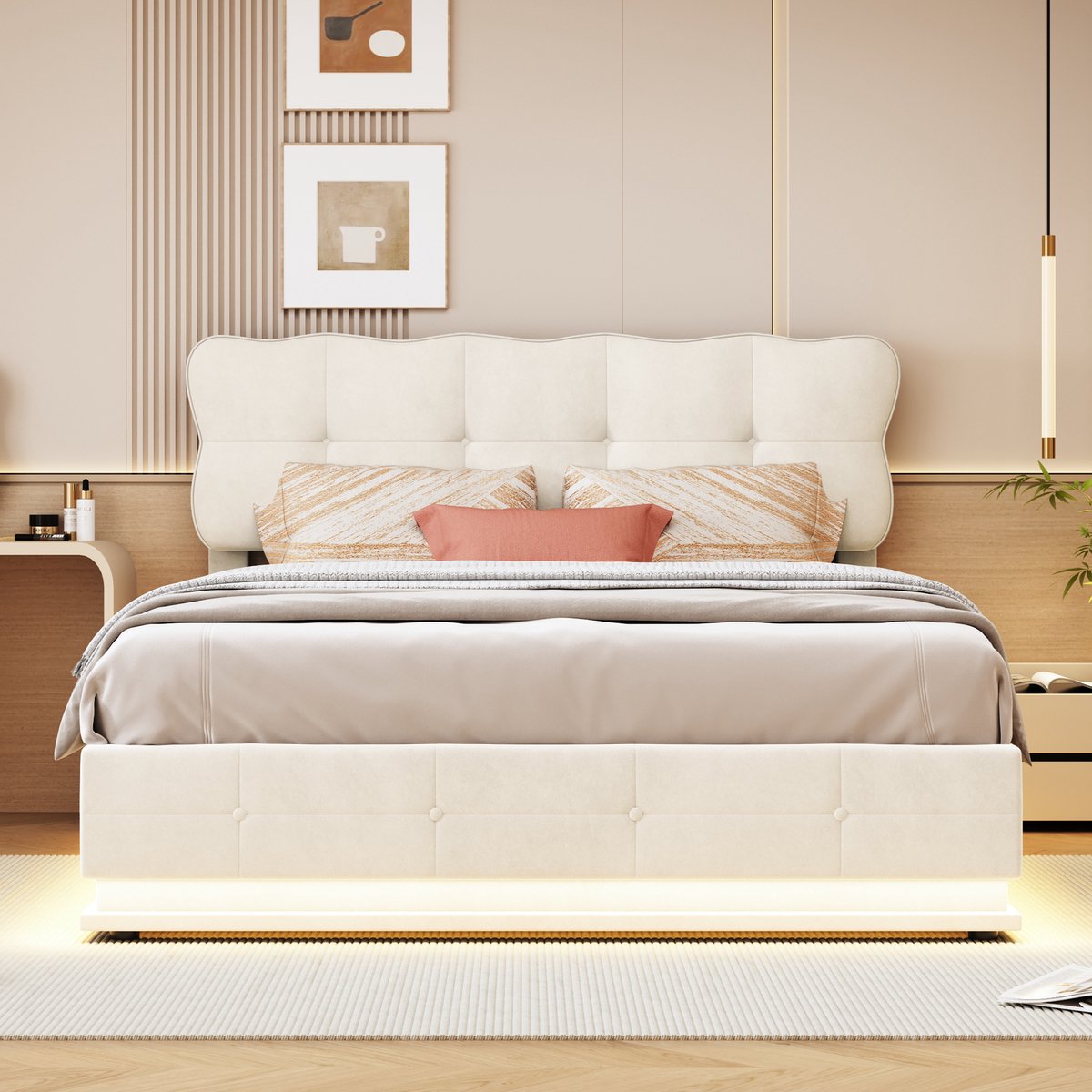 Tweepersoonsbed 160x200 cm, volwassen opbergbed met led verlichting onder het bed, gestoffeerd fluwelen bedframe, beige, zonder matras