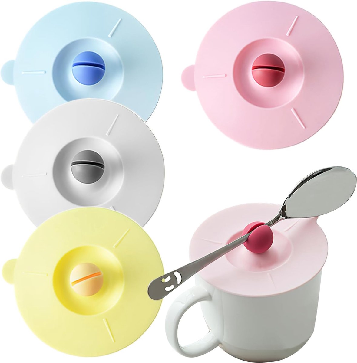4 stuks - silikonbekercapjes met lepeltje - met handvat en lepel rust - 10 cm veelkleurige siliconen deksels - herbruikbaar - voor kopjes, mokken, beker, glas