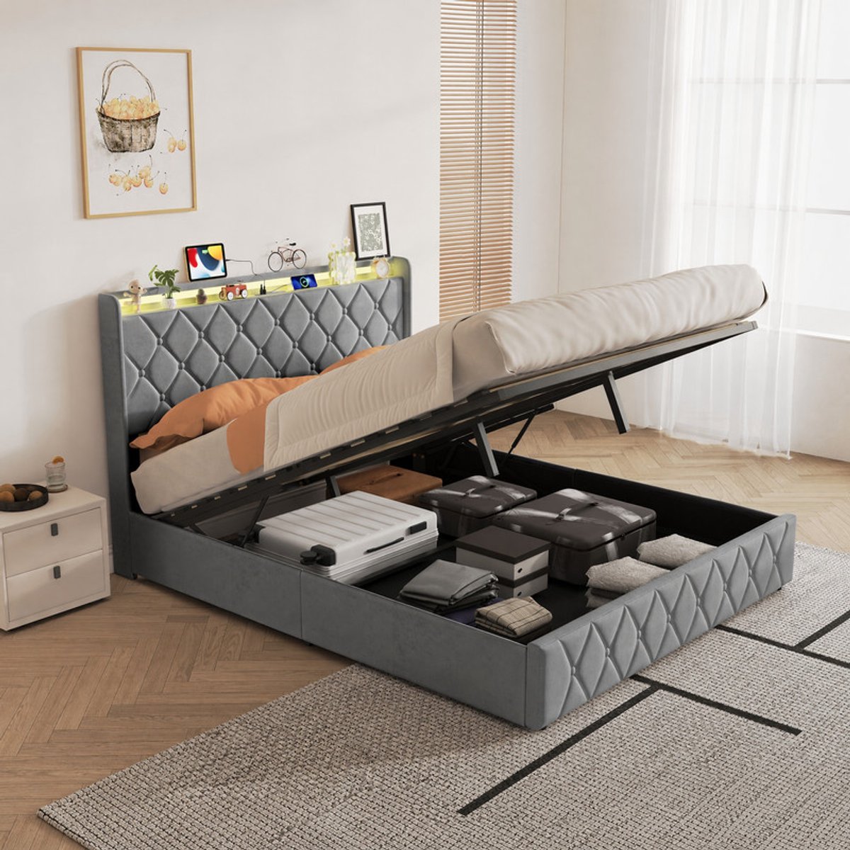 SHOPENTRA Hydraulisch Opbergbed 140x200 cm Grijs Fluweel – Tweepersoonsbed met LED Hoofdbord, USB & Type-C Poorten, Ruime Opbergruimte en Inclusief Lattenbodem