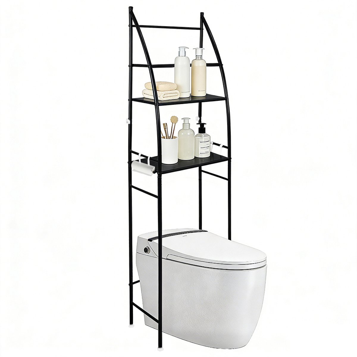PIPIPOXER Wc Opbergrek - Wc meubel - Wc kast - opbergrek metaal - Ruimtebesparend Boven Toilet/Wasmachine - Badkamerrek 3-Laags-165x46x25cm-zwart