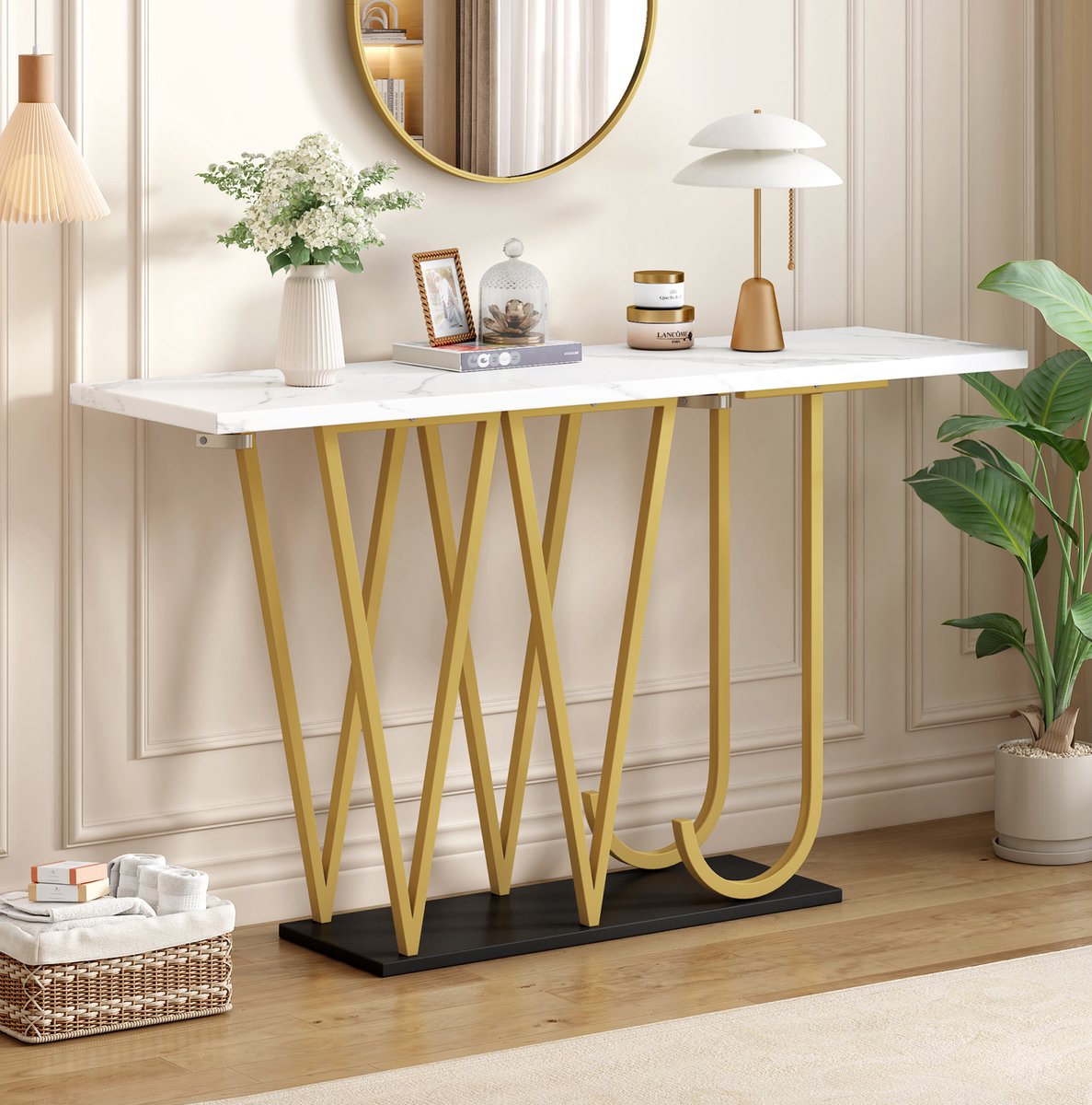 MEUNIQ Eettafel 120 x 29,5 x 80 cm met marmerlook tafelblad, goudkleurige metalen poten en zwart onderstel, smalle tafel voor hal, keuken, woonkamer of balkon